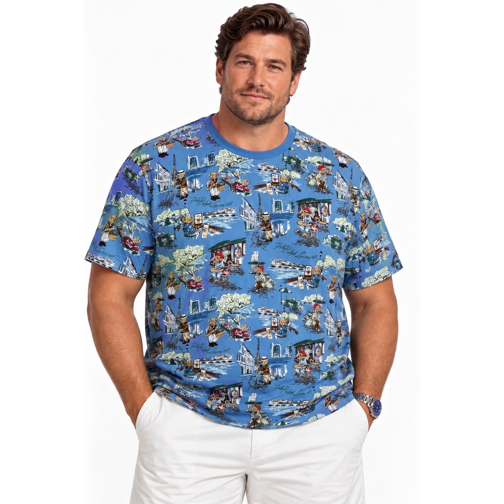 New Polo Ralph Lauren Mens Paris Polo Bear All Over Print T-Shirt Blue XL NWT